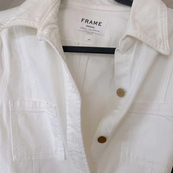 FRAME White Denim Gold ButtonBelted Utility Cargo Jean Jacket Size Medium NWOT - Picture 3 of 4
